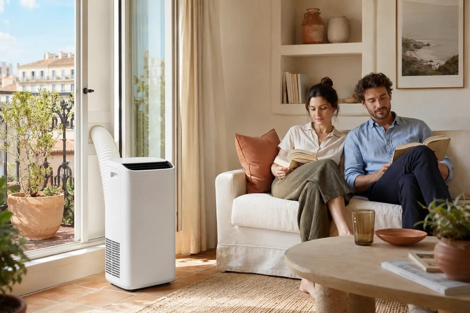 Couple profitant d’un salon frais grâce au climatiseur mobile New Air